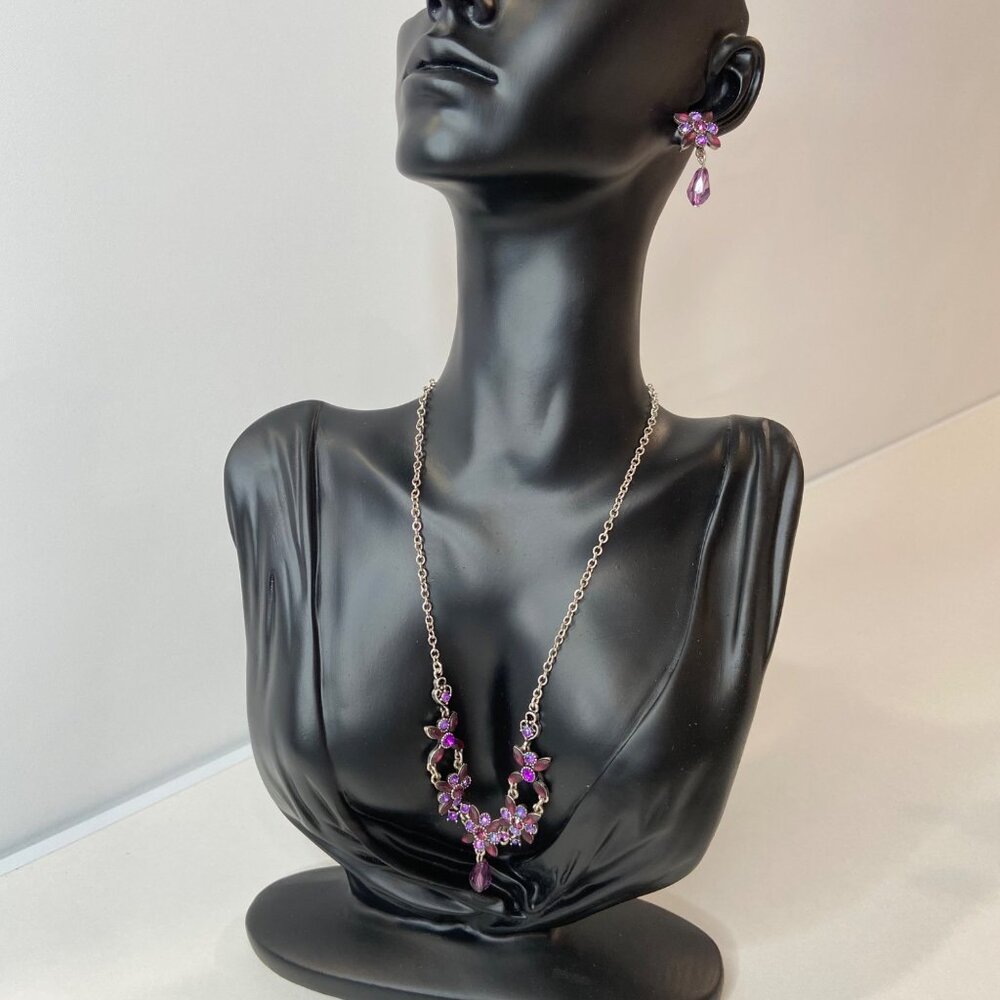 Vintage Silver Necklace &Earring Set Purple Floral Rhinestones Teardrop Gems